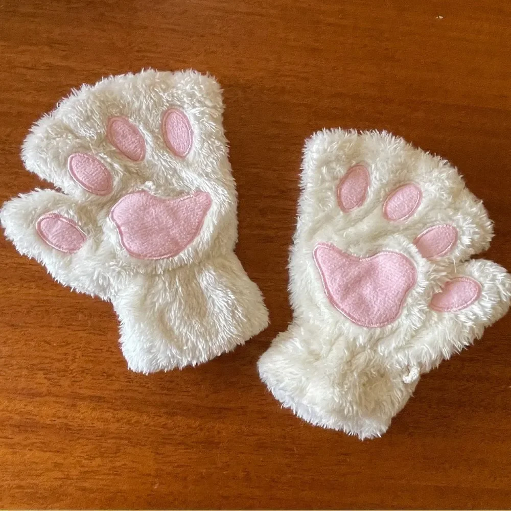 Fuzzy Cat Paw Costume Gloves White with Pink Pads